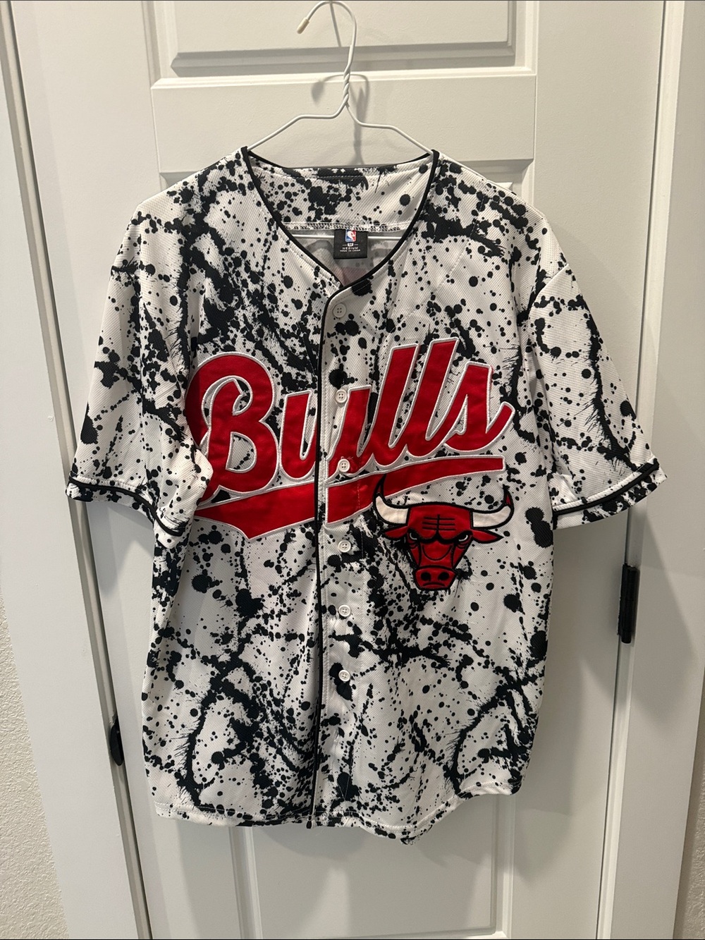 NBA Chicago Bulls White/Black/Red Splatter Button-Up Jersey